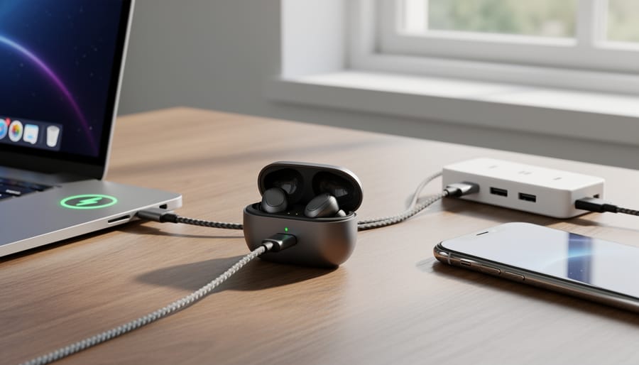Lenovo E310 earbuds in open charging case beside a USB-C charging cable under warm light