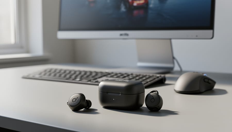 SteelSeries Arctis GameBuds earbuds resting in their charging case on a dark desk