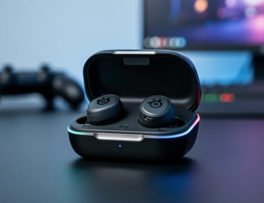 Close-up of SteelSeries Arctis GameBuds earbuds in a Qi-compatible charging case on a dark gaming desk with cool blue ambient lighting.